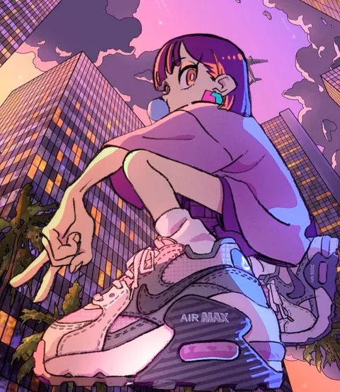 A purple-haired anime figure in sneakers above a city skyline