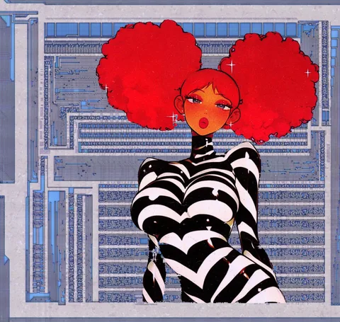 A red-haired figure in a black-and-white patterned outfit against computer windows