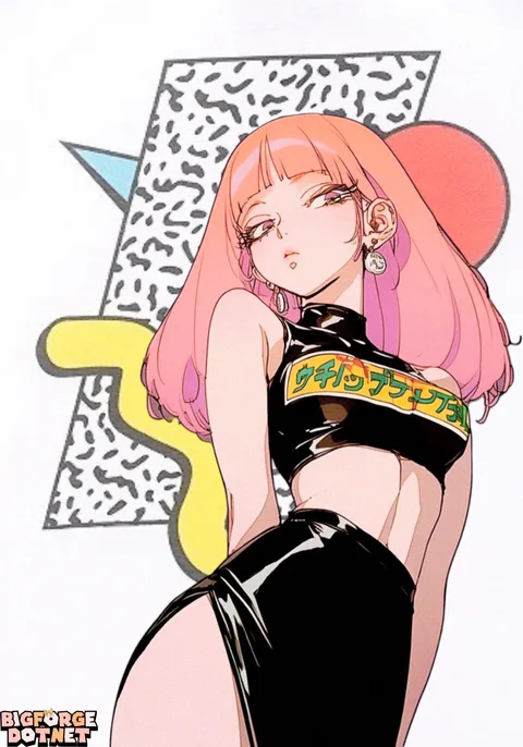 A pink-haired figure framed by colorful geometric shapes