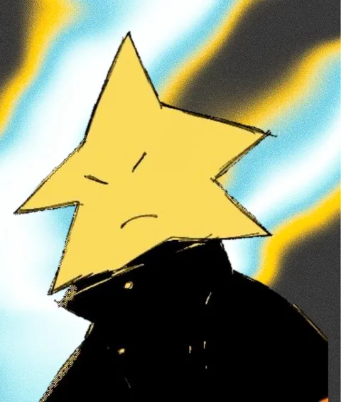 A yellow star-headed figure against sweeping blue and gold light