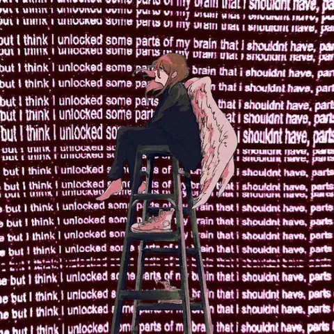 An anime figure against a repeating wall of text